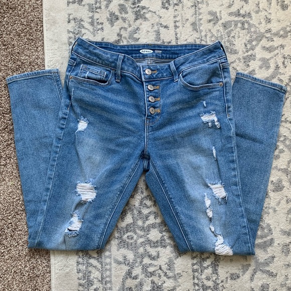 OLD NAVY | Medium Wash High Rise Distressed Faded Button Fly Jeans - Picture 1 of 6